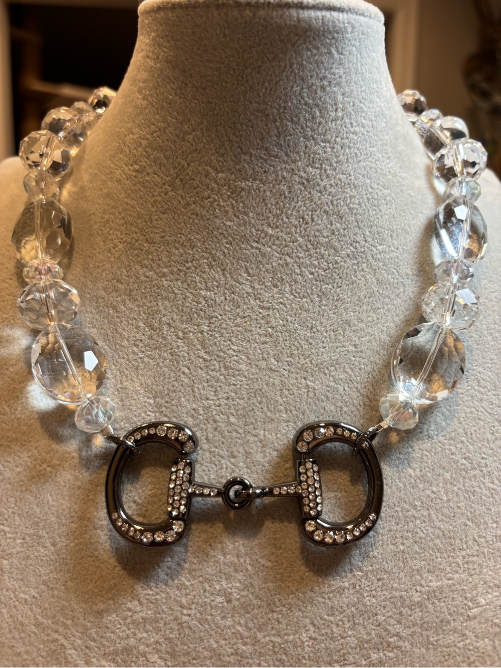 Handmade Crystal Bead Necklace w/Pave gunmetal Horsebit encrusted w/rhinestones!